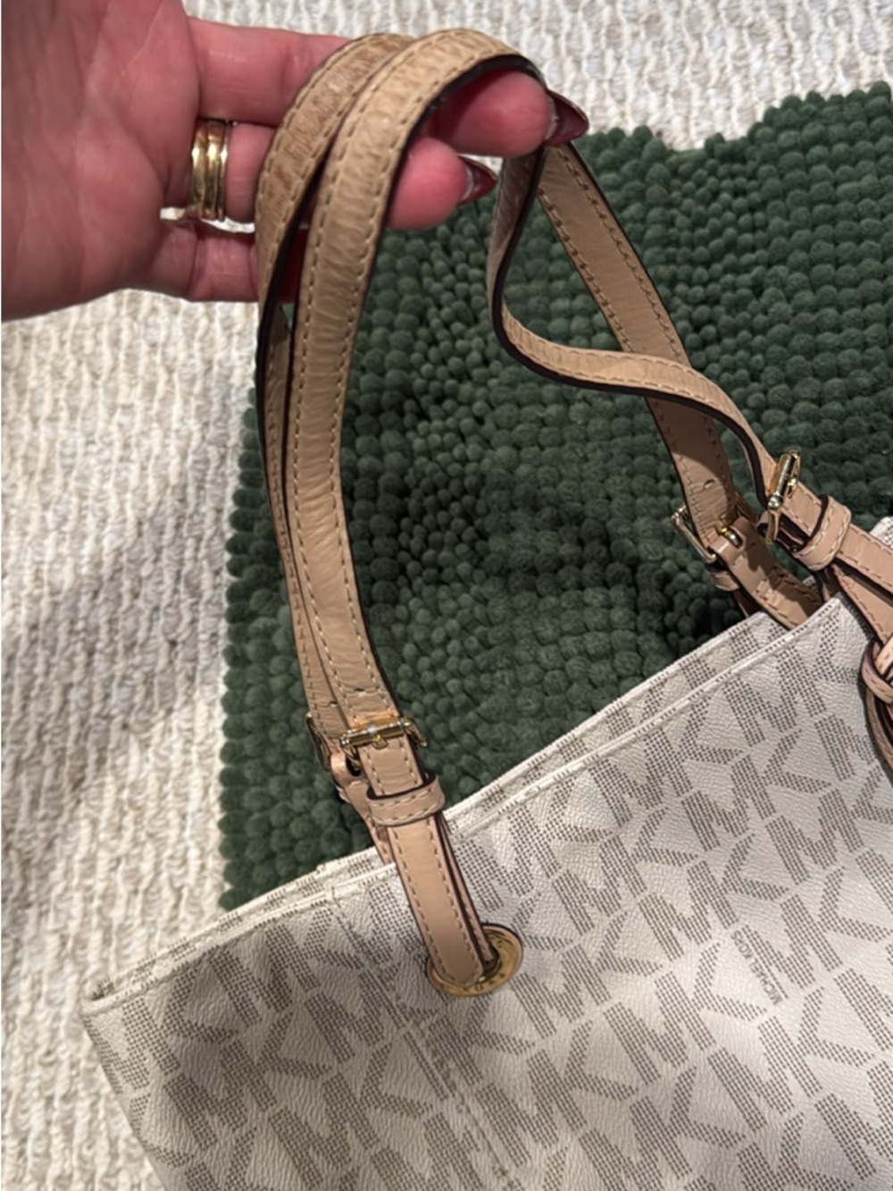 Michael Kors Cream MK Monogram Tote with Tan Trim and Gold Charm - Picture 4 of 6